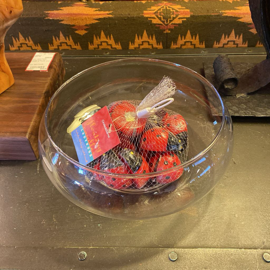 Glass Bowl With Twelve Crate & Barrel Floating Ladybug Candles