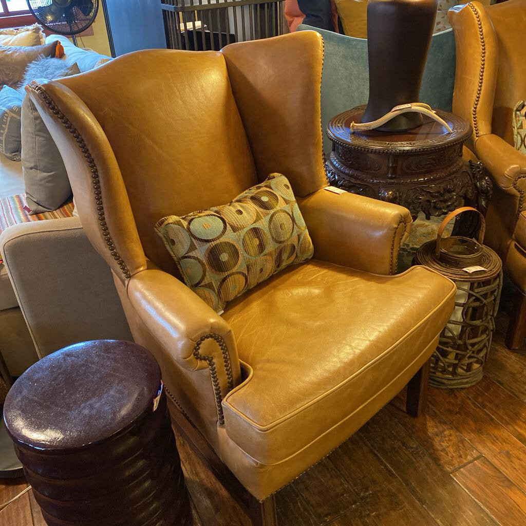 Pottery Barn Leather Wingback Chair - Set of 2 With Ottoman