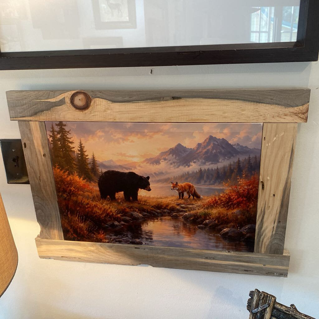 Bear and Coyote In Blue Stain Pine Frame