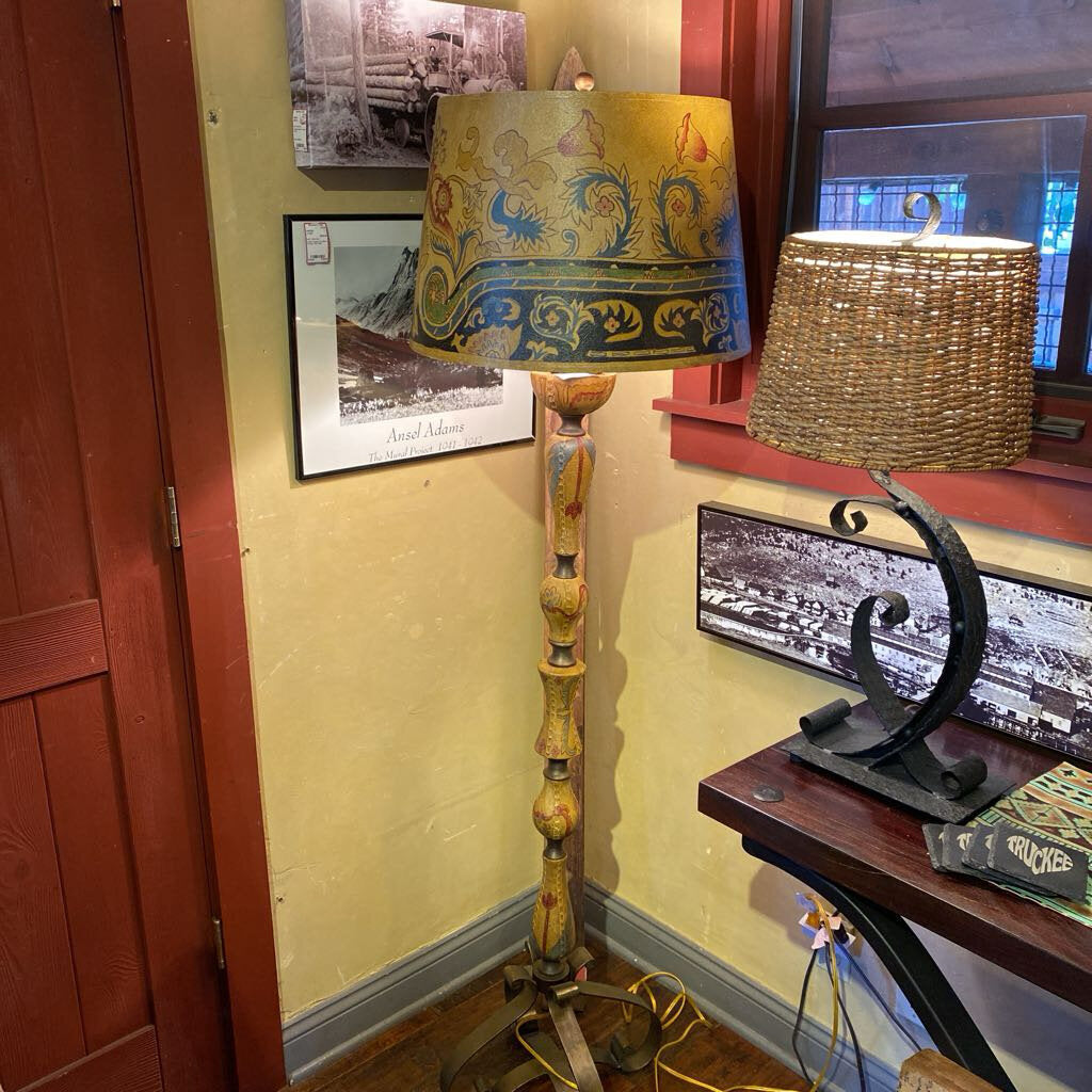 Vintage Hand Painted Turned Wood Floor Lamp